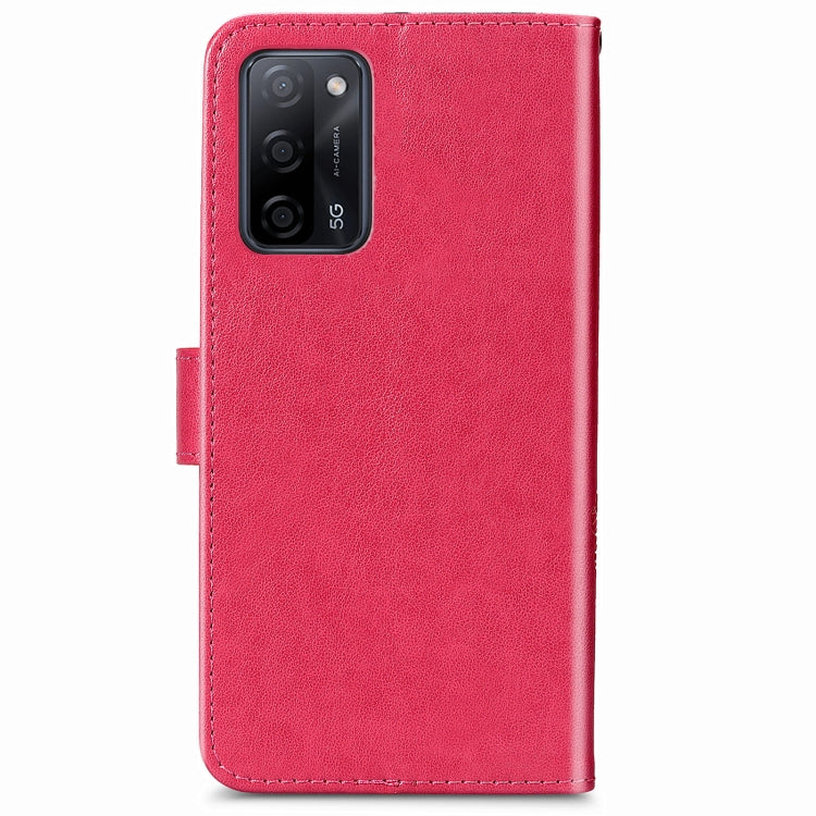 For OPPO A55 5G Four-leaf Clasp Embossed Buckle Mobile Phone Protection Leather Case with Lanyard & Card Slot & Wallet & Bracket Function
