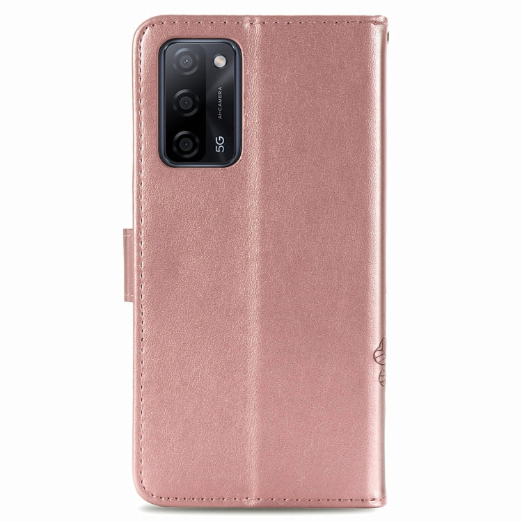 For OPPO A55 5G Four-leaf Clasp Embossed Buckle Mobile Phone Protection Leather Case with Lanyard & Card Slot & Wallet & Bracket Function