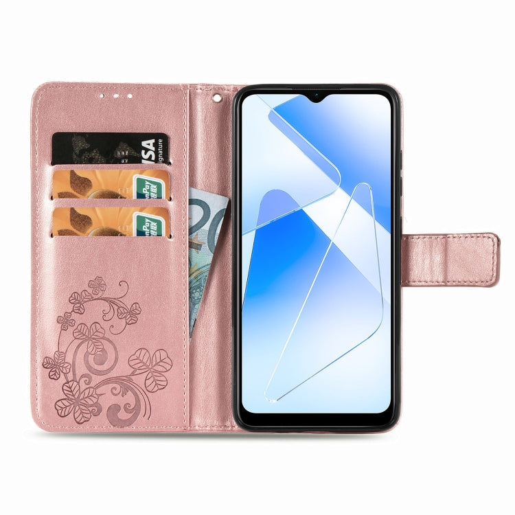 For OPPO A55 5G Four-leaf Clasp Embossed Buckle Mobile Phone Protection Leather Case with Lanyard & Card Slot & Wallet & Bracket Function