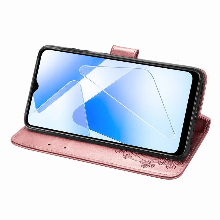 For OPPO A55 5G Four-leaf Clasp Embossed Buckle Mobile Phone Protection Leather Case with Lanyard & Card Slot & Wallet & Bracket Function