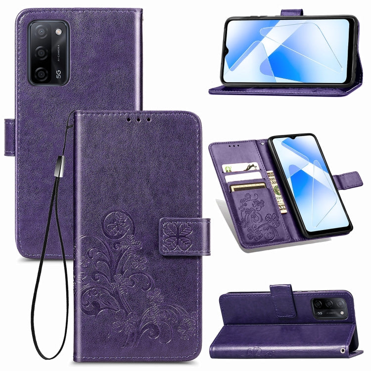 For OPPO A55 5G Four-leaf Clasp Embossed Buckle Mobile Phone Protection Leather Case with Lanyard & Card Slot & Wallet & Bracket Function