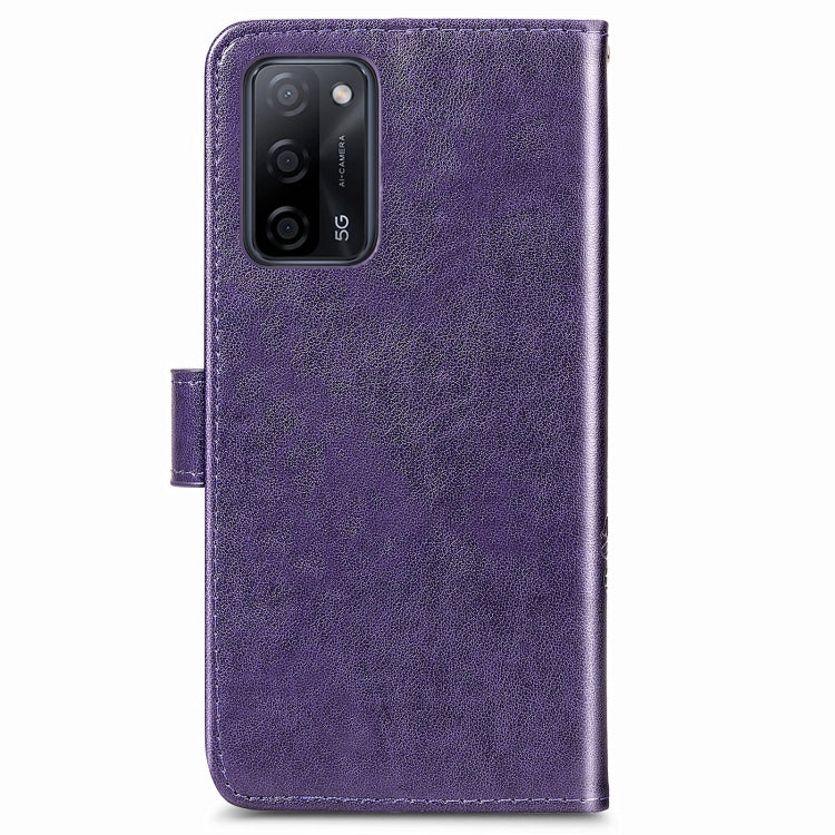 For OPPO A55 5G Four-leaf Clasp Embossed Buckle Mobile Phone Protection Leather Case with Lanyard & Card Slot & Wallet & Bracket Function