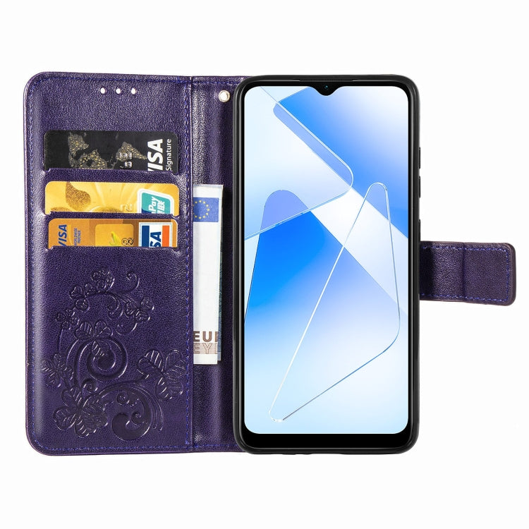 For OPPO A55 5G Four-leaf Clasp Embossed Buckle Mobile Phone Protection Leather Case with Lanyard & Card Slot & Wallet & Bracket Function