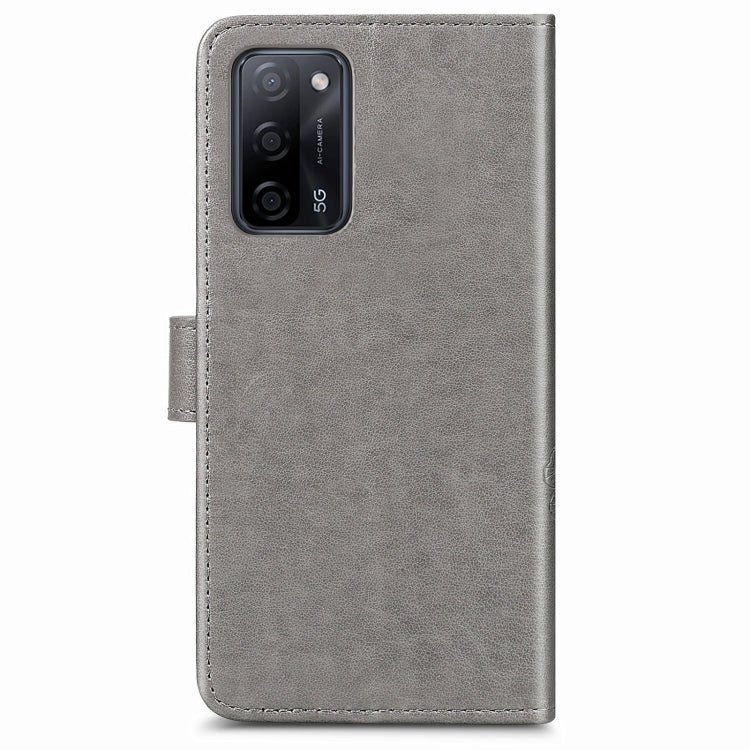 For OPPO A55 5G Four-leaf Clasp Embossed Buckle Mobile Phone Protection Leather Case with Lanyard & Card Slot & Wallet & Bracket Function