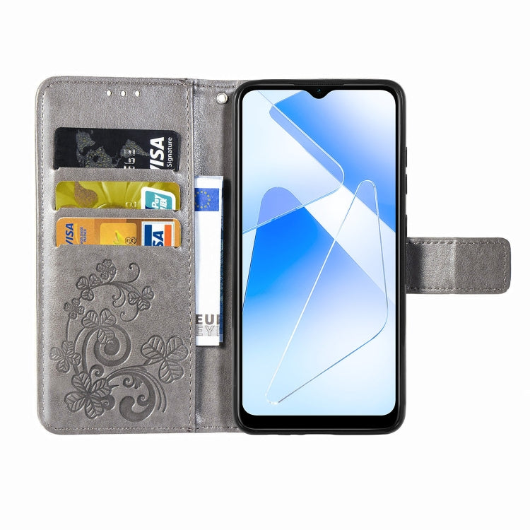 For OPPO A55 5G Four-leaf Clasp Embossed Buckle Mobile Phone Protection Leather Case with Lanyard & Card Slot & Wallet & Bracket Function