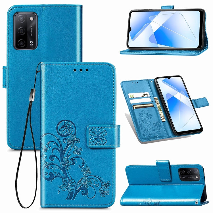For OPPO A55 5G Four-leaf Clasp Embossed Buckle Mobile Phone Protection Leather Case with Lanyard & Card Slot & Wallet & Bracket Function