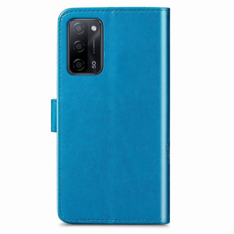 For OPPO A55 5G Four-leaf Clasp Embossed Buckle Mobile Phone Protection Leather Case with Lanyard & Card Slot & Wallet & Bracket Function