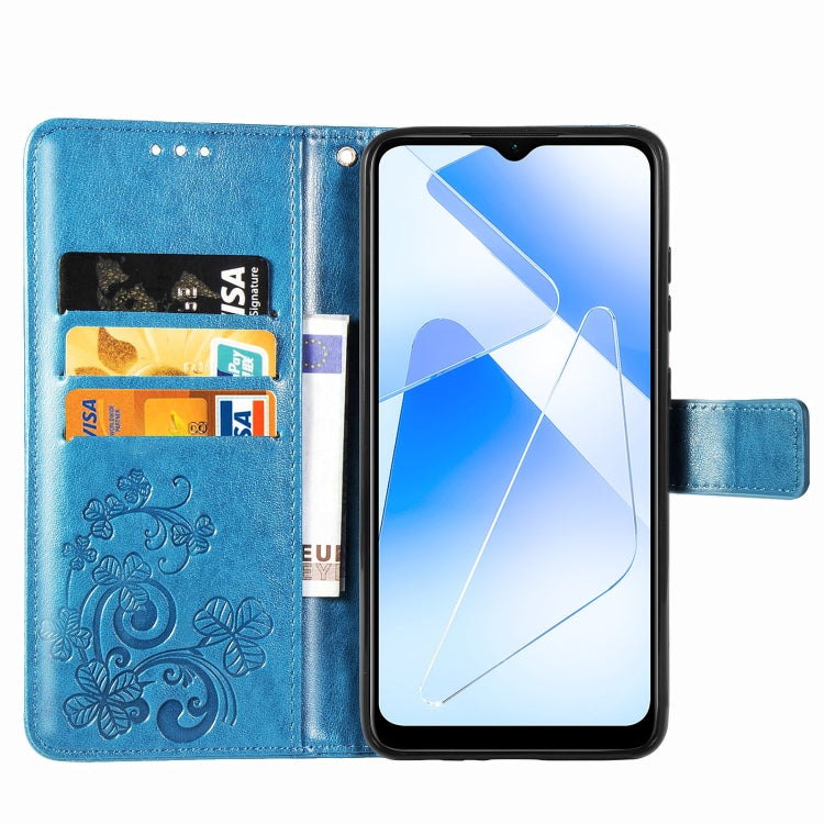 For OPPO A55 5G Four-leaf Clasp Embossed Buckle Mobile Phone Protection Leather Case with Lanyard & Card Slot & Wallet & Bracket Function