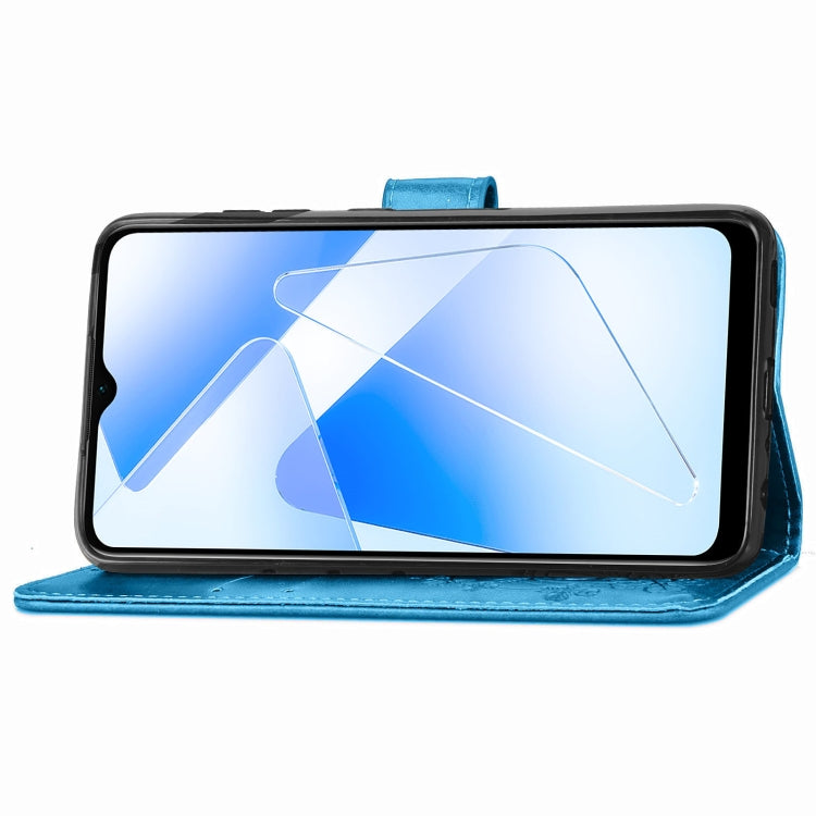 For OPPO A55 5G Four-leaf Clasp Embossed Buckle Mobile Phone Protection Leather Case with Lanyard & Card Slot & Wallet & Bracket Function