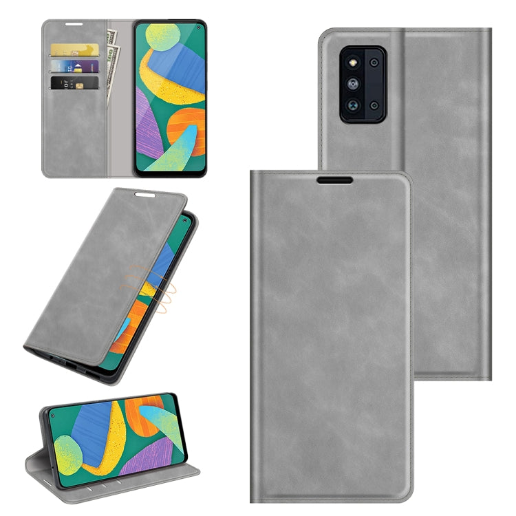 For Samsung Galaxy F52 5G Retro-skin Business Magnetic Suction Leather Case with Holder & Card Slots & Wallet
