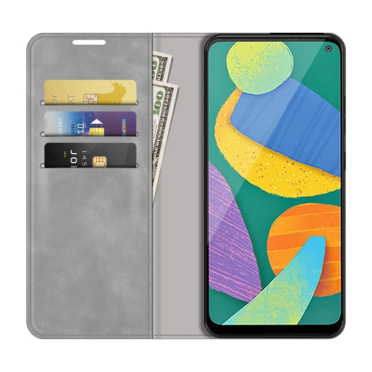 For Samsung Galaxy F52 5G Retro-skin Business Magnetic Suction Leather Case with Holder & Card Slots & Wallet