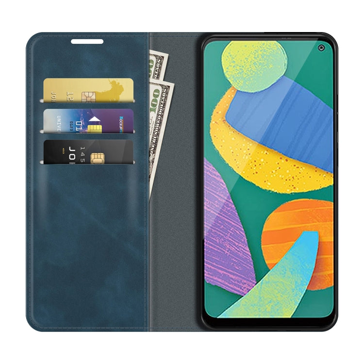 For Samsung Galaxy F52 5G Retro-skin Business Magnetic Suction Leather Case with Holder & Card Slots & Wallet