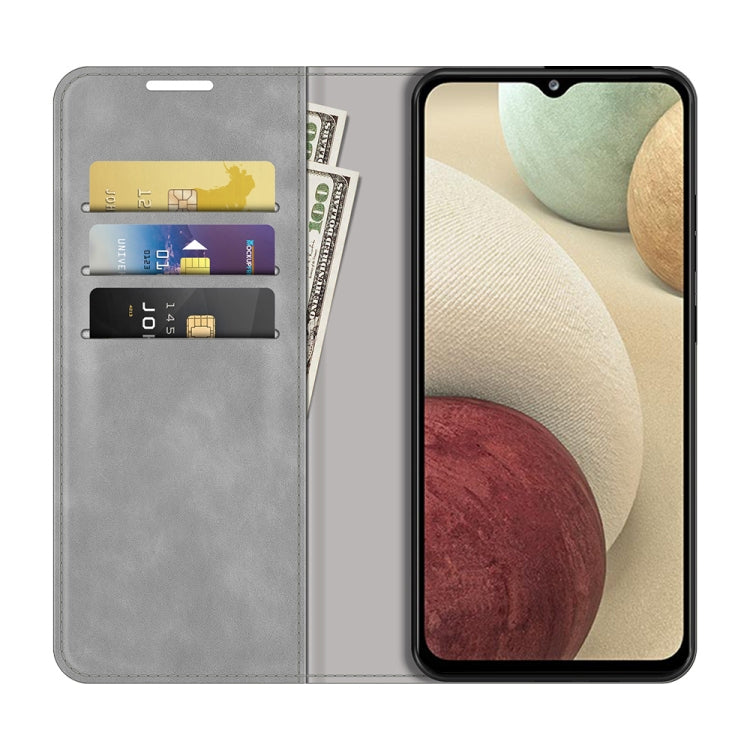 For Samsung Galaxy F12 / M12 Retro-skin Business Magnetic Suction Leather Case with Holder & Card Slots & Wallet