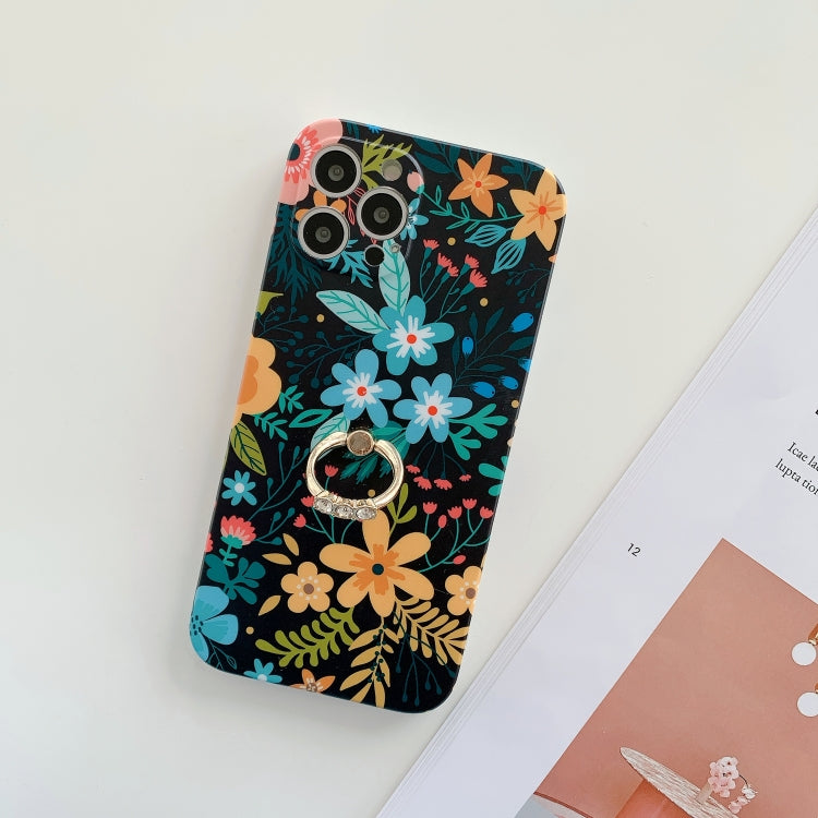 For iPhone 12 Pro Max Frosted Flowers Pattern IMD TPU Case with Metal Diamond Ring Holder