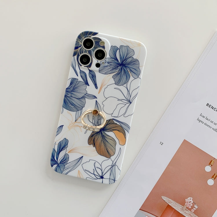 For iPhone 12 Pro Max Frosted Flowers Pattern IMD TPU Case with Metal Diamond Ring Holder