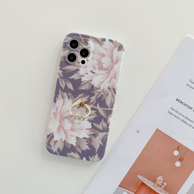 For iPhone 12 Pro Max Frosted Flowers Pattern IMD TPU Case with Metal Diamond Ring Holder