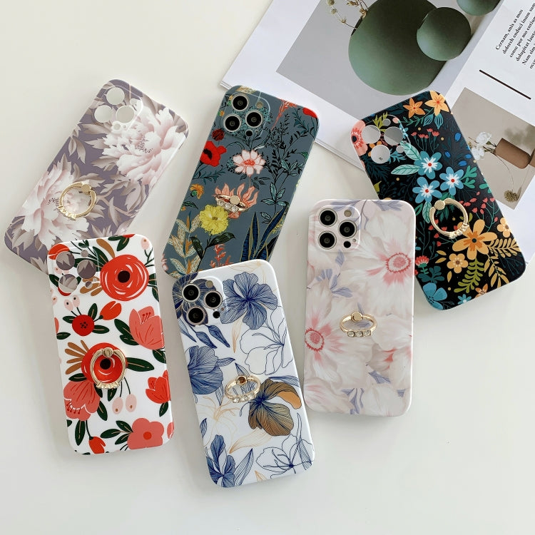 For iPhone 12 Pro Max Frosted Flowers Pattern IMD TPU Case with Metal Diamond Ring Holder