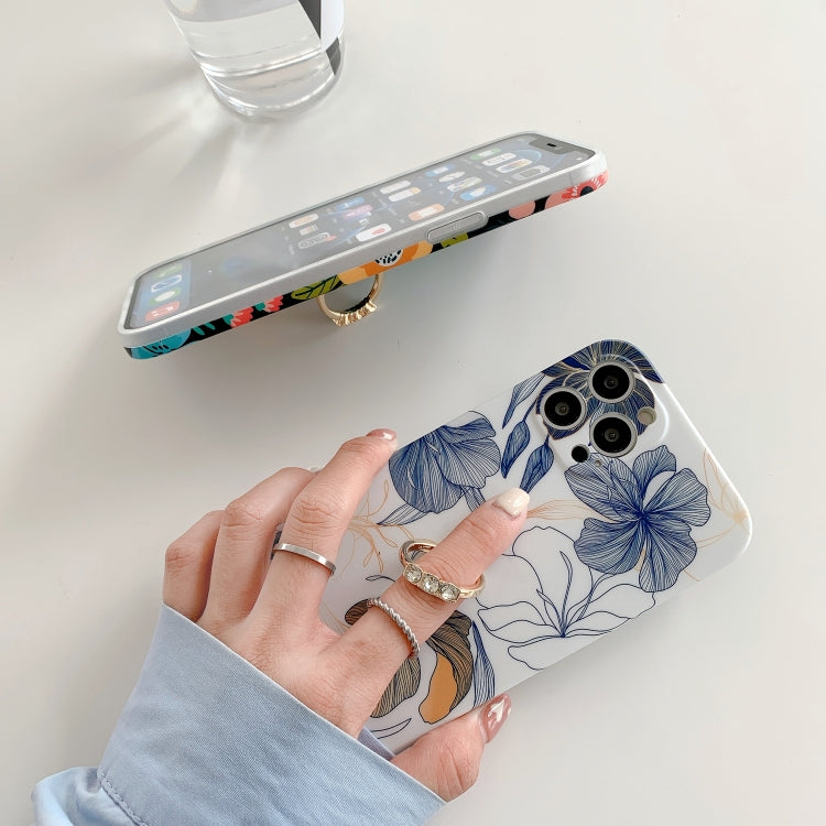 For iPhone 12 Pro Max Frosted Flowers Pattern IMD TPU Case with Metal Diamond Ring Holder