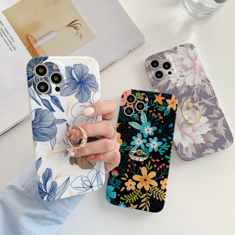 For iPhone 12 Pro Max Frosted Flowers Pattern IMD TPU Case with Metal Diamond Ring Holder