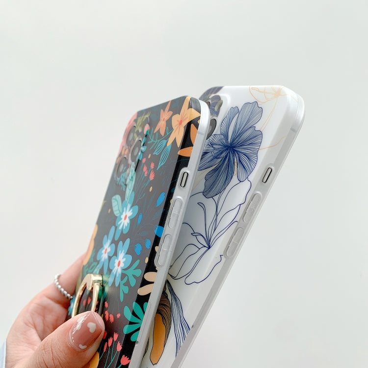 For iPhone 12 Pro Max Frosted Flowers Pattern IMD TPU Case with Metal Diamond Ring Holder