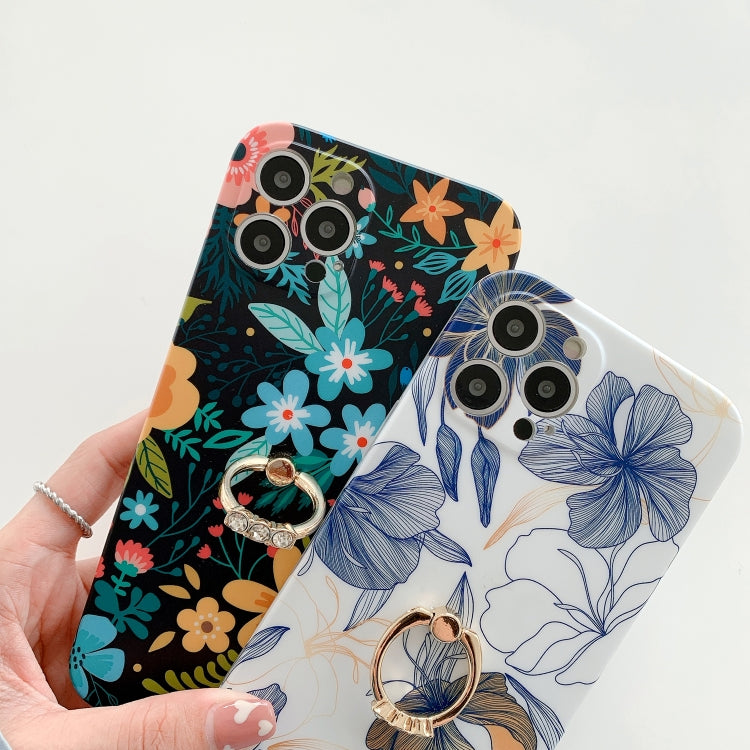 For iPhone 11 Pro Max Frosted Flowers Pattern IMD TPU Casewith Metal Diamond Ring Holder