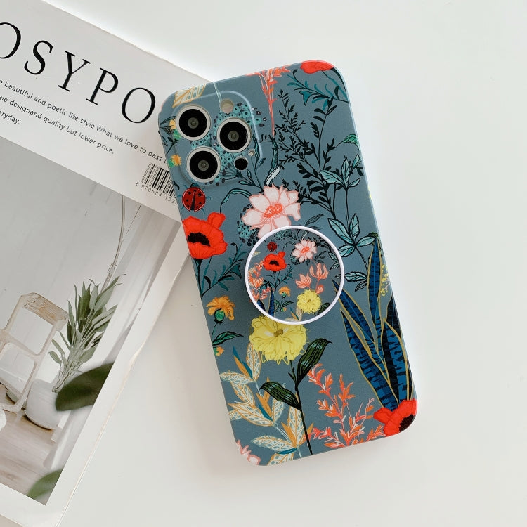 For iPhone 12 Frosted Flowers Pattern IMD TPU Case with Folding Holder