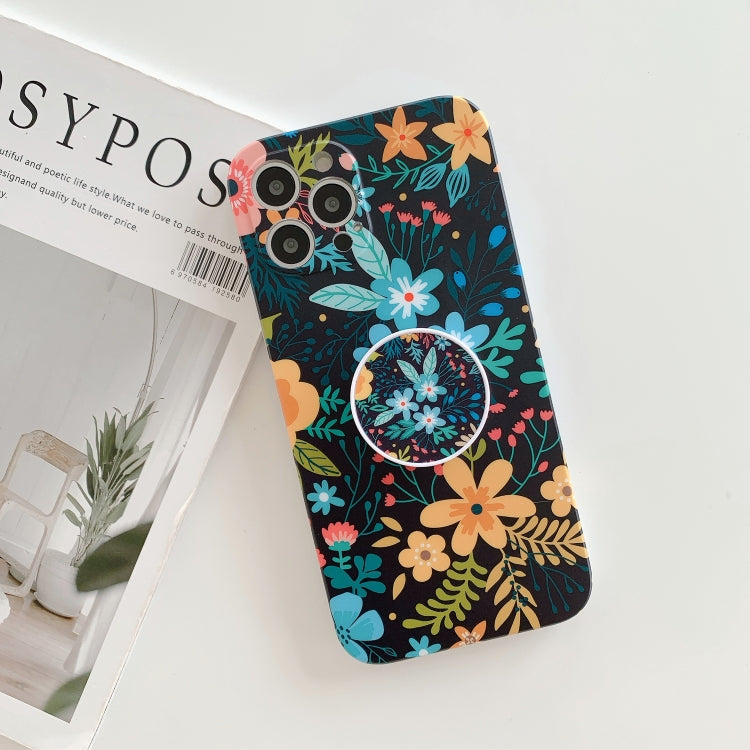 For iPhone 11 Frosted Flowers Pattern IMD TPU Case with Folding Holder