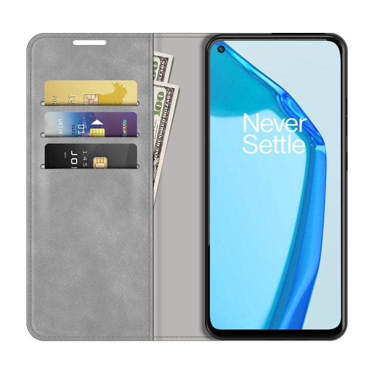 For OnePlus 9R Retro-skin Business Magnetic Suction Leather Case with Holder & Card Slots & Wallet
