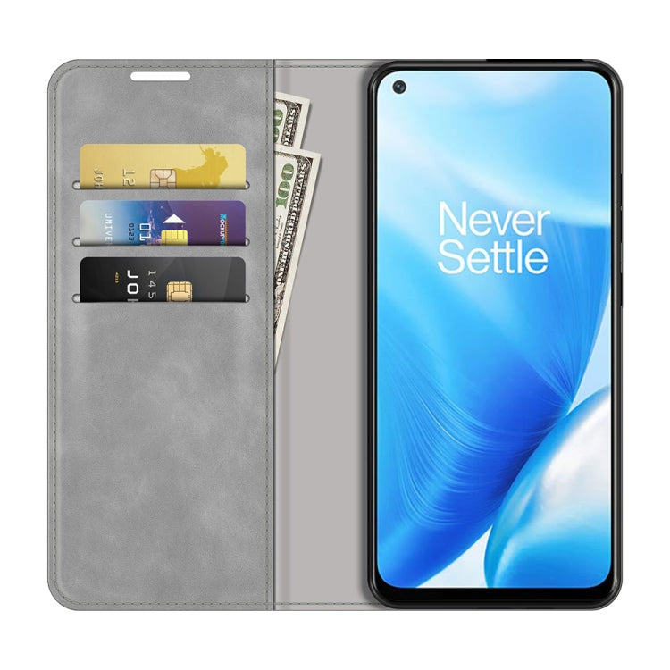 For OnePlus Nord N200 5G Retro-skin Business Magnetic Suction Leather Case with Holder & Card Slots & Wallet