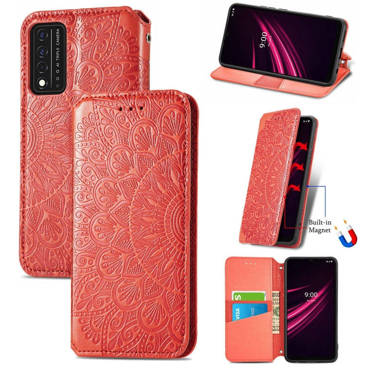 For T-Mobile REVVL V+ 5G Blooming Mandala Embossed Pattern Magnetic Horizontal Flip Leather Case with Holder & Card Slots & Wallet