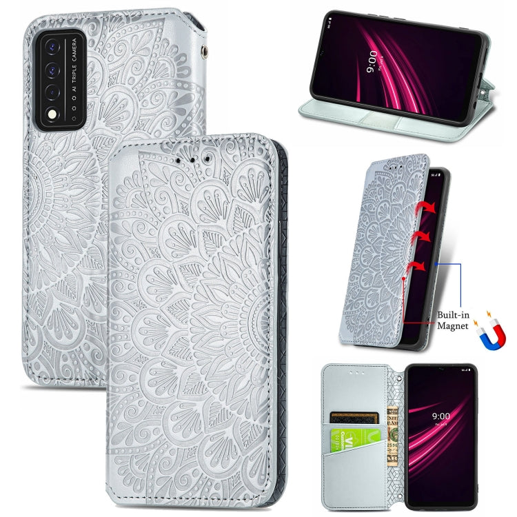 For T-Mobile REVVL V+ 5G Blooming Mandala Embossed Pattern Magnetic Horizontal Flip Leather Case with Holder & Card Slots & Wallet