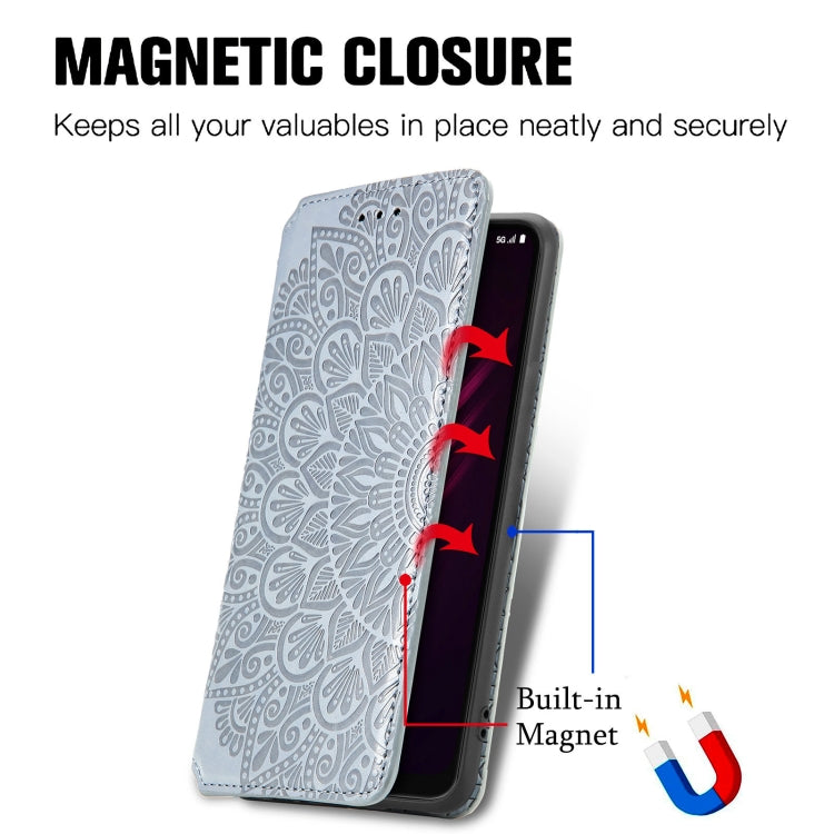 For T-Mobile REVVL V+ 5G Blooming Mandala Embossed Pattern Magnetic Horizontal Flip Leather Case with Holder & Card Slots & Wallet
