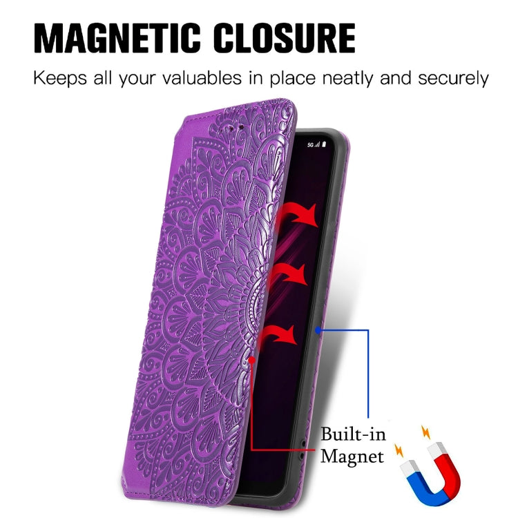For T-Mobile REVVL V+ 5G Blooming Mandala Embossed Pattern Magnetic Horizontal Flip Leather Case with Holder & Card Slots & Wallet