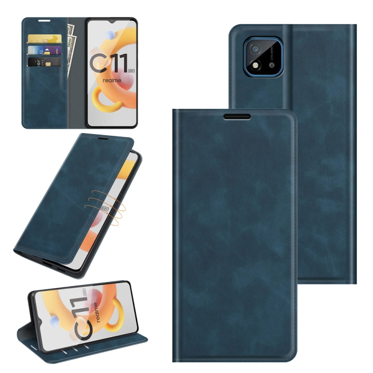 For OPPO Realme C11 2021 Retro-skin Business Magnetic Suction Leather Case with Holder & Card Slots & Wallet