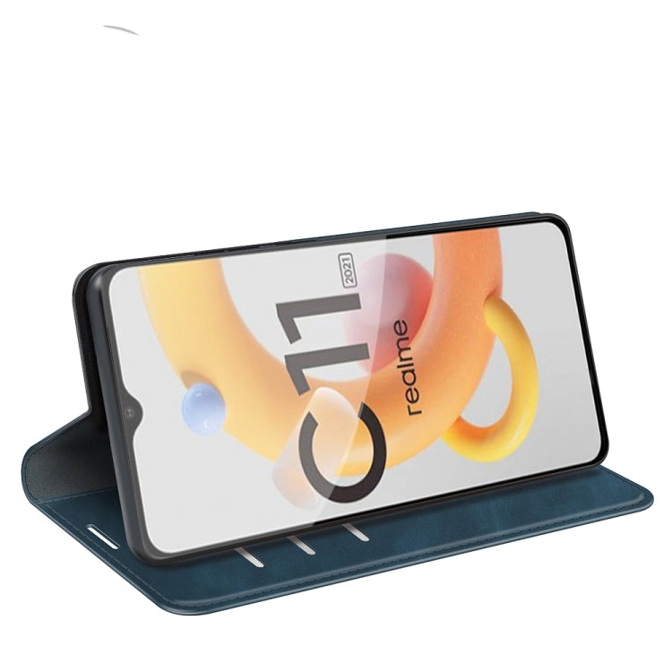 For OPPO Realme C11 2021 Retro-skin Business Magnetic Suction Leather Case with Holder & Card Slots & Wallet