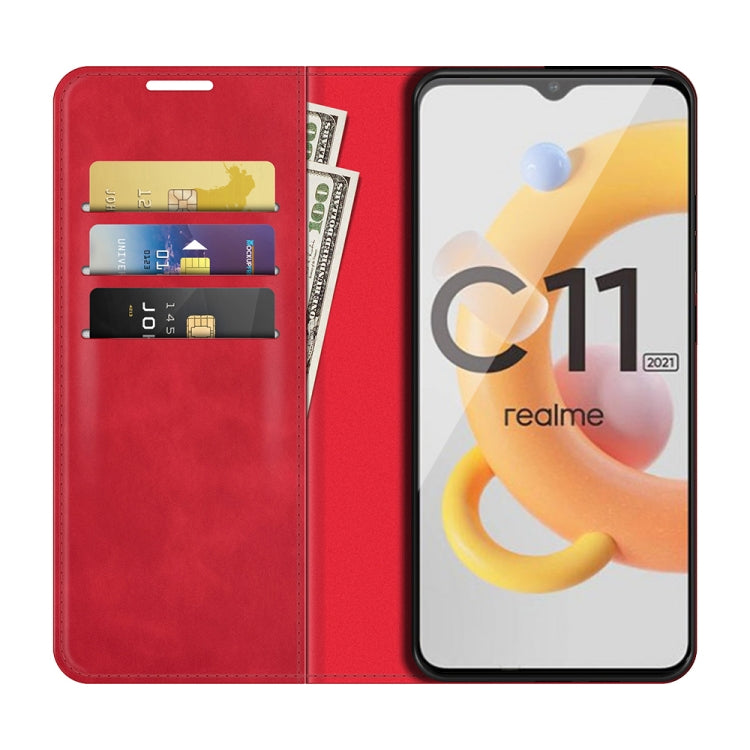 For OPPO Realme C11 2021 Retro-skin Business Magnetic Suction Leather Case with Holder & Card Slots & Wallet