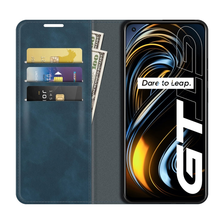 For OPPO Realme GT 5G / Realme Q3 Pro 5G Retro-skin Business Magnetic Suction Leather Case with Holder & Card Slots & Wallet