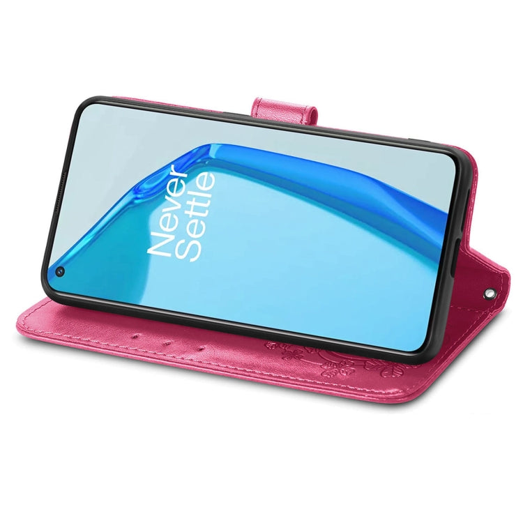 For OnePlus 9R Four-leaf Clasp Embossed Buckle Mobile Phone Protection Leather Case with Lanyard & Card Slot & Wallet & Bracket Function