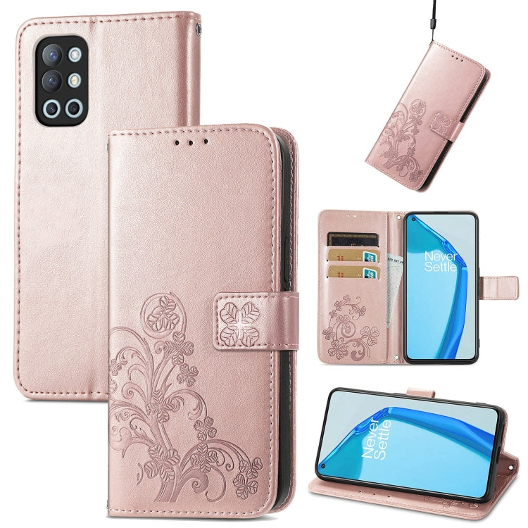 For OnePlus 9R Four-leaf Clasp Embossed Buckle Mobile Phone Protection Leather Case with Lanyard & Card Slot & Wallet & Bracket Function