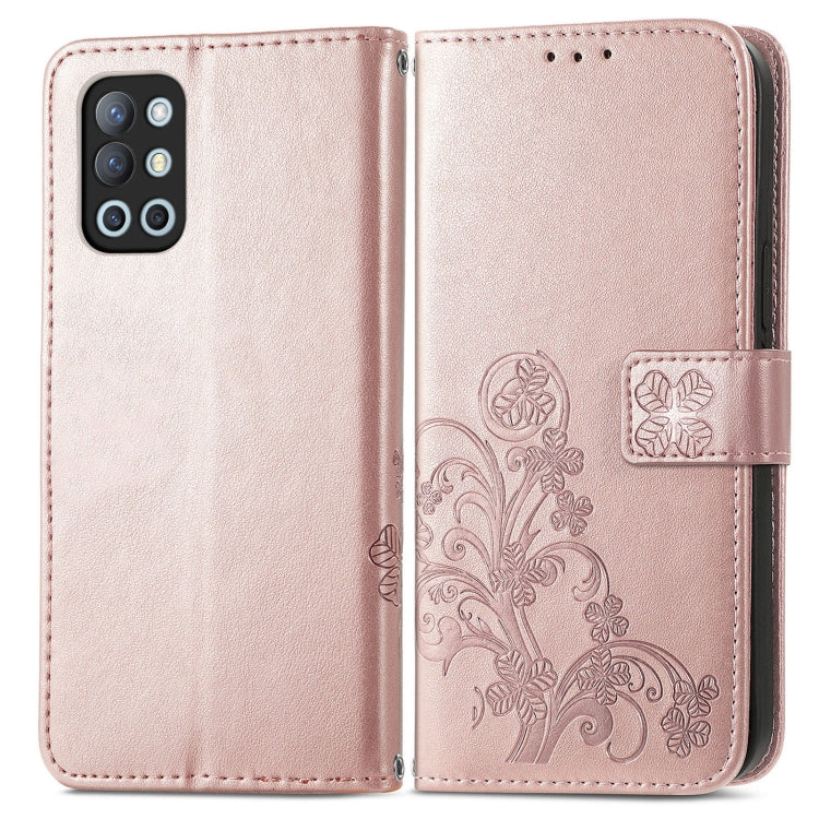 For OnePlus 9R Four-leaf Clasp Embossed Buckle Mobile Phone Protection Leather Case with Lanyard & Card Slot & Wallet & Bracket Function