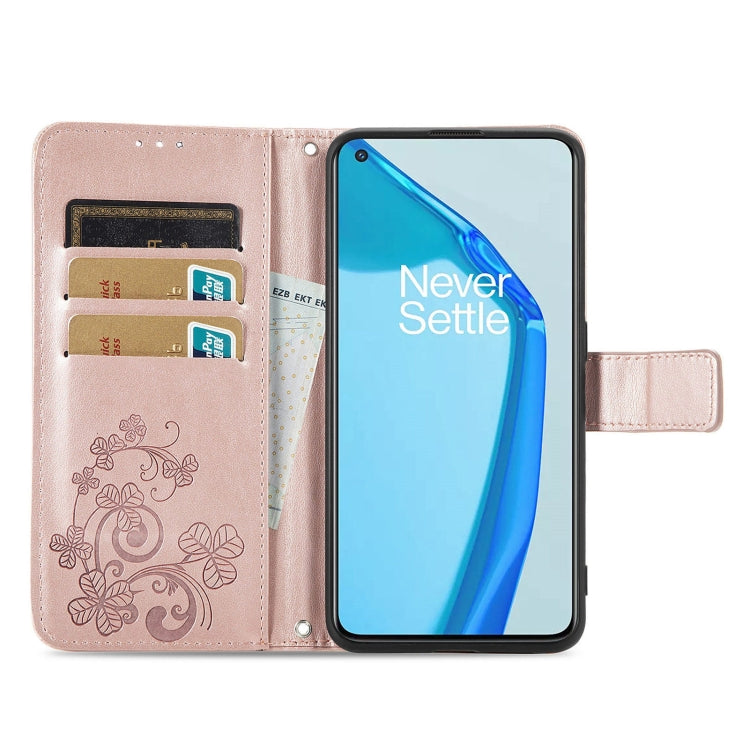 For OnePlus 9R Four-leaf Clasp Embossed Buckle Mobile Phone Protection Leather Case with Lanyard & Card Slot & Wallet & Bracket Function