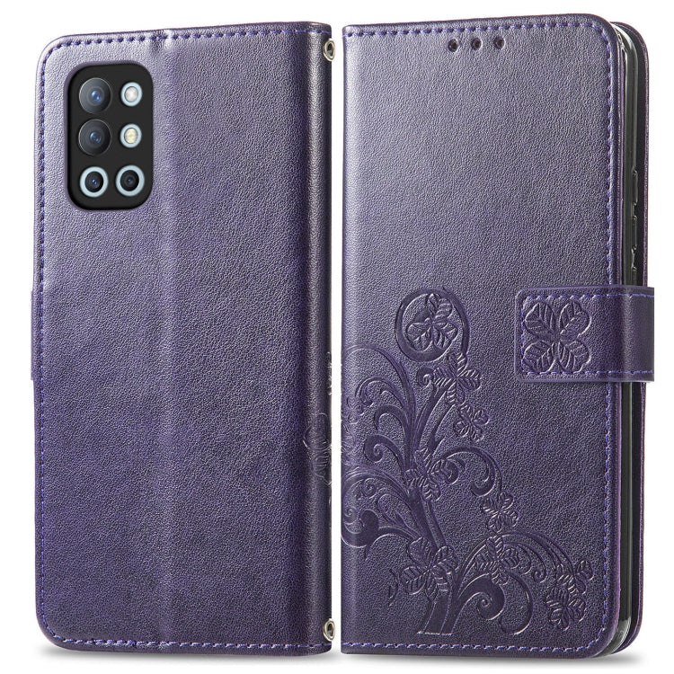For OnePlus 9R Four-leaf Clasp Embossed Buckle Mobile Phone Protection Leather Case with Lanyard & Card Slot & Wallet & Bracket Function