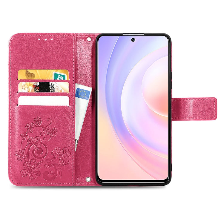 For Honor 50 SE Four-leaf Clasp Embossed Buckle Mobile Phone Protection Leather Case with Lanyard & Card Slot & Wallet & Bracket Function