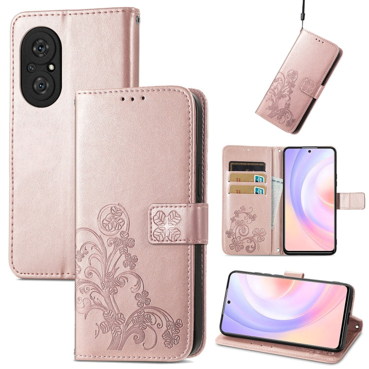 For Honor 50 SE Four-leaf Clasp Embossed Buckle Mobile Phone Protection Leather Case with Lanyard & Card Slot & Wallet & Bracket Function