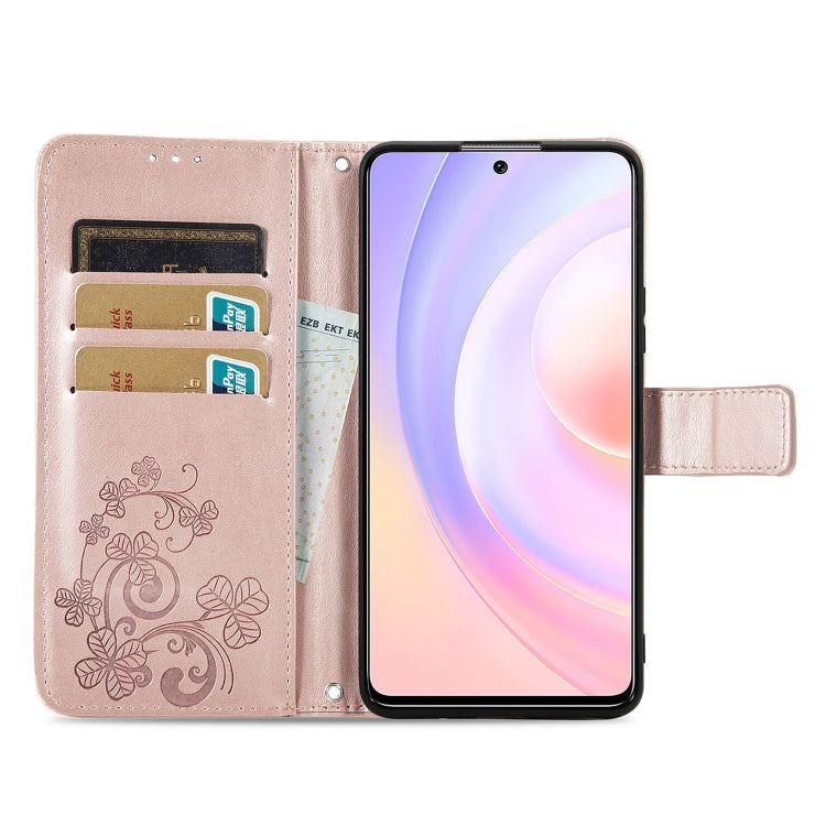 For Honor 50 SE Four-leaf Clasp Embossed Buckle Mobile Phone Protection Leather Case with Lanyard & Card Slot & Wallet & Bracket Function