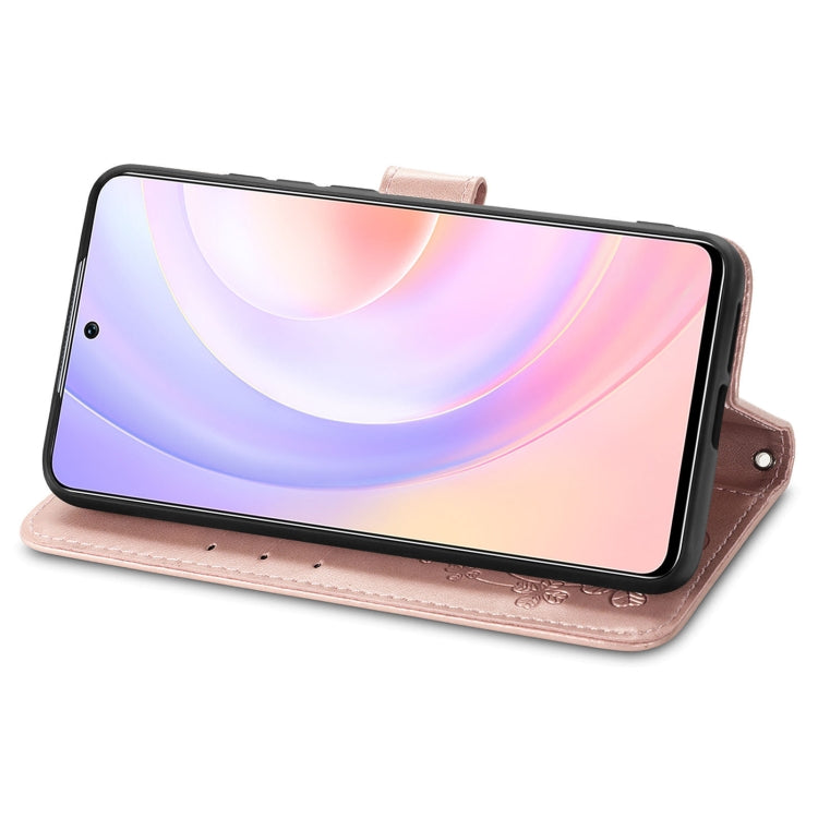 For Honor 50 SE Four-leaf Clasp Embossed Buckle Mobile Phone Protection Leather Case with Lanyard & Card Slot & Wallet & Bracket Function