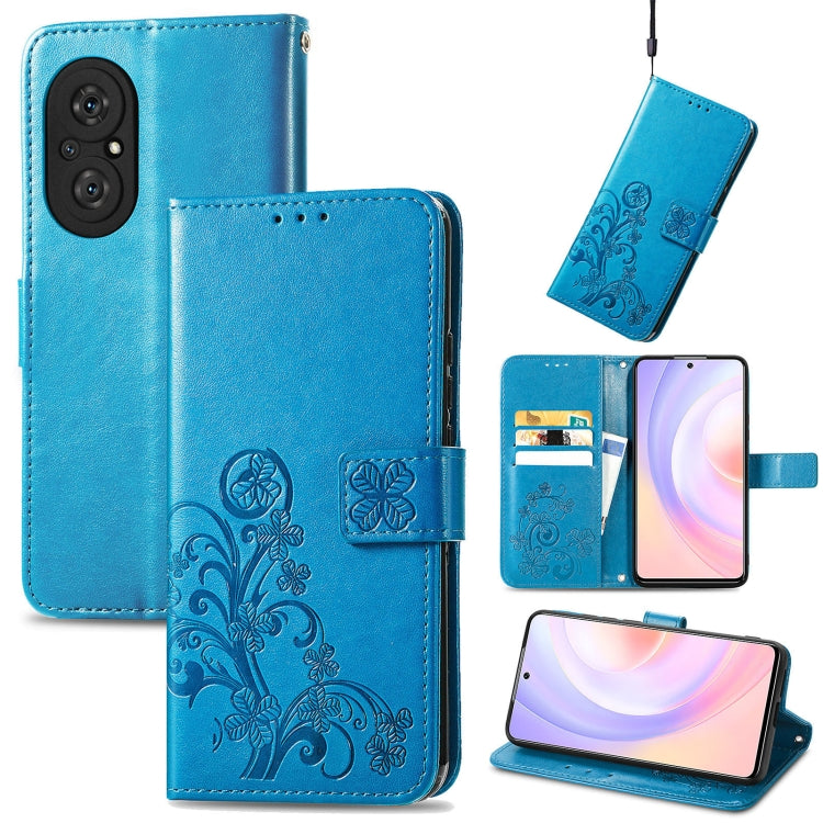 For Honor 50 SE Four-leaf Clasp Embossed Buckle Mobile Phone Protection Leather Case with Lanyard & Card Slot & Wallet & Bracket Function