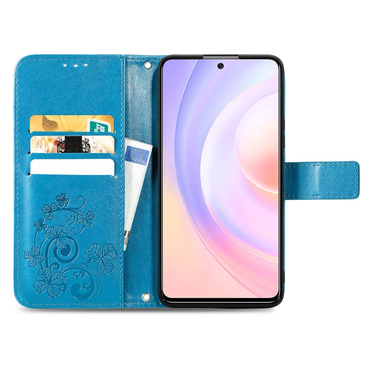 For Honor 50 SE Four-leaf Clasp Embossed Buckle Mobile Phone Protection Leather Case with Lanyard & Card Slot & Wallet & Bracket Function