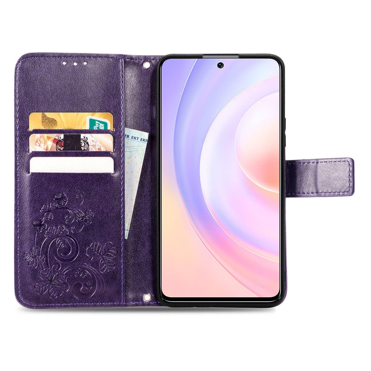 For Honor 50 SE Four-leaf Clasp Embossed Buckle Mobile Phone Protection Leather Case with Lanyard & Card Slot & Wallet & Bracket Function