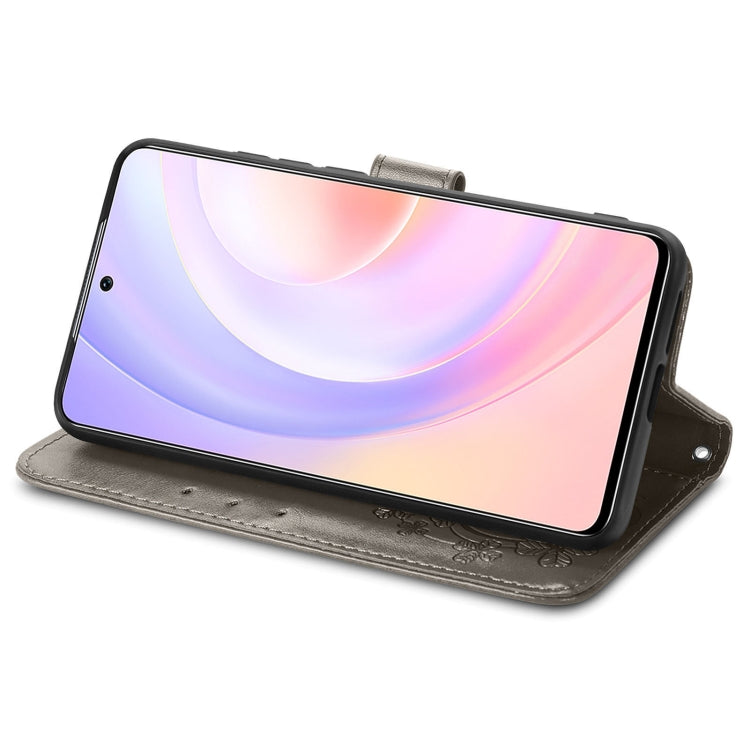 For Honor 50 SE Four-leaf Clasp Embossed Buckle Mobile Phone Protection Leather Case with Lanyard & Card Slot & Wallet & Bracket Function